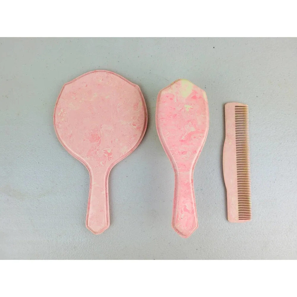 Vintage Antique 1940s Childrens Pink White Mottled Brush Comb Mirror Vanity Set